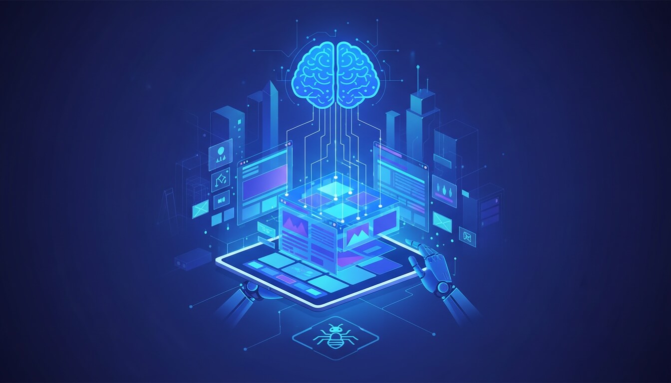 Светящийся мозг над схемой интерфейса с панелями и роботизированными манипуляторами на тёмно-синем фоне