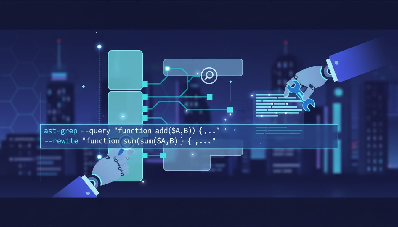 Роботизированные руки соединяют блоки кода и строку с командой ast-grep на фоне ночного города