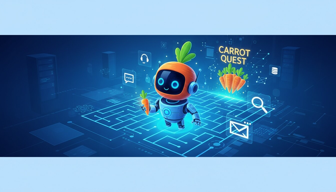 Робот с морковью в руках на фоне интерфейса Carrot quest и иконок поддержки клиентов