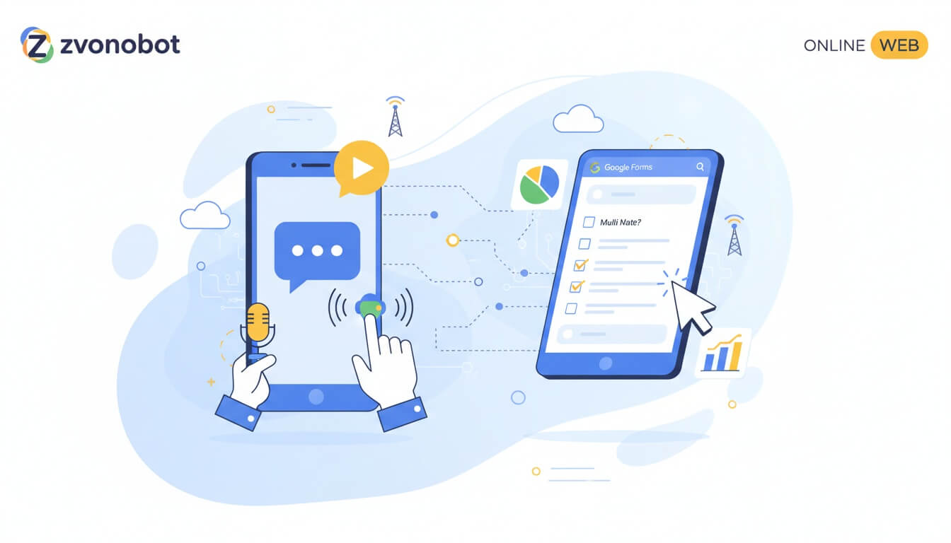 Смартфон с иконкой сообщения и микрофоном, планшет с формой опроса Google Формы, диаграммы и вышка связи