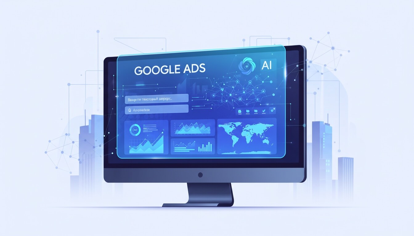 Монитор с интерфейсом Google Ads и надписью AI, на экране графики, карта мира и строка поиска