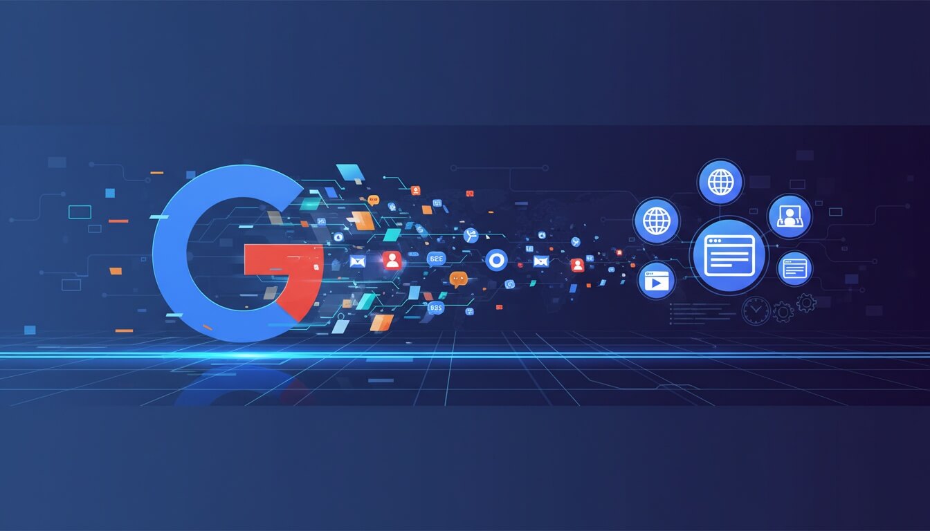 Логотип Google и поток иконок данных на синем фоне