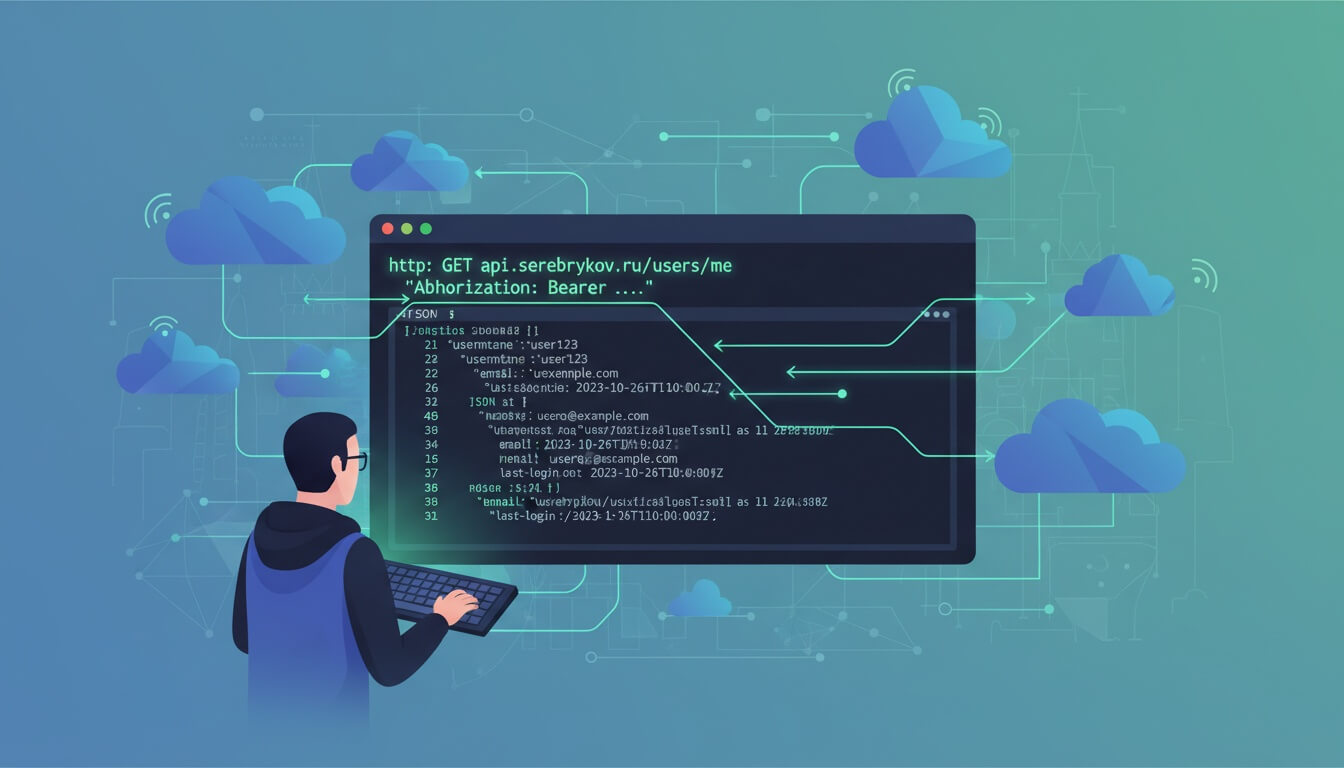 Человек за клавиатурой перед экраном терминала с HTTP-запросом и JSON-ответом, вокруг облака и линии сети