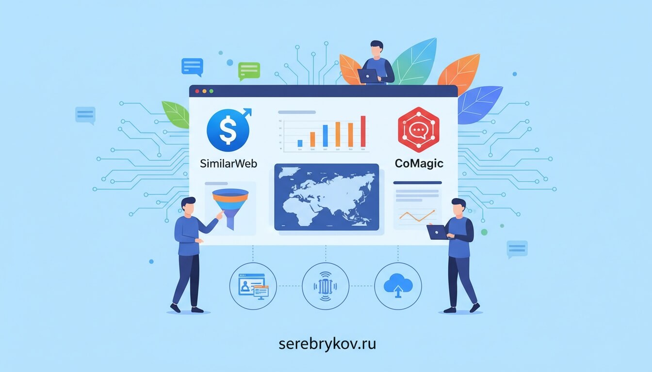 Векторная иллюстрация с окном браузера, логотипами SimilarWeb и CoMagic, картой мира, диаграммами и людьми за работой