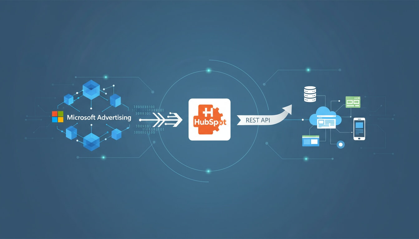 Логотипы Microsoft Advertising и HubSpot, соединённые стрелками REST API, вокруг иконки баз данных, облака и смартфона на синем фоне
