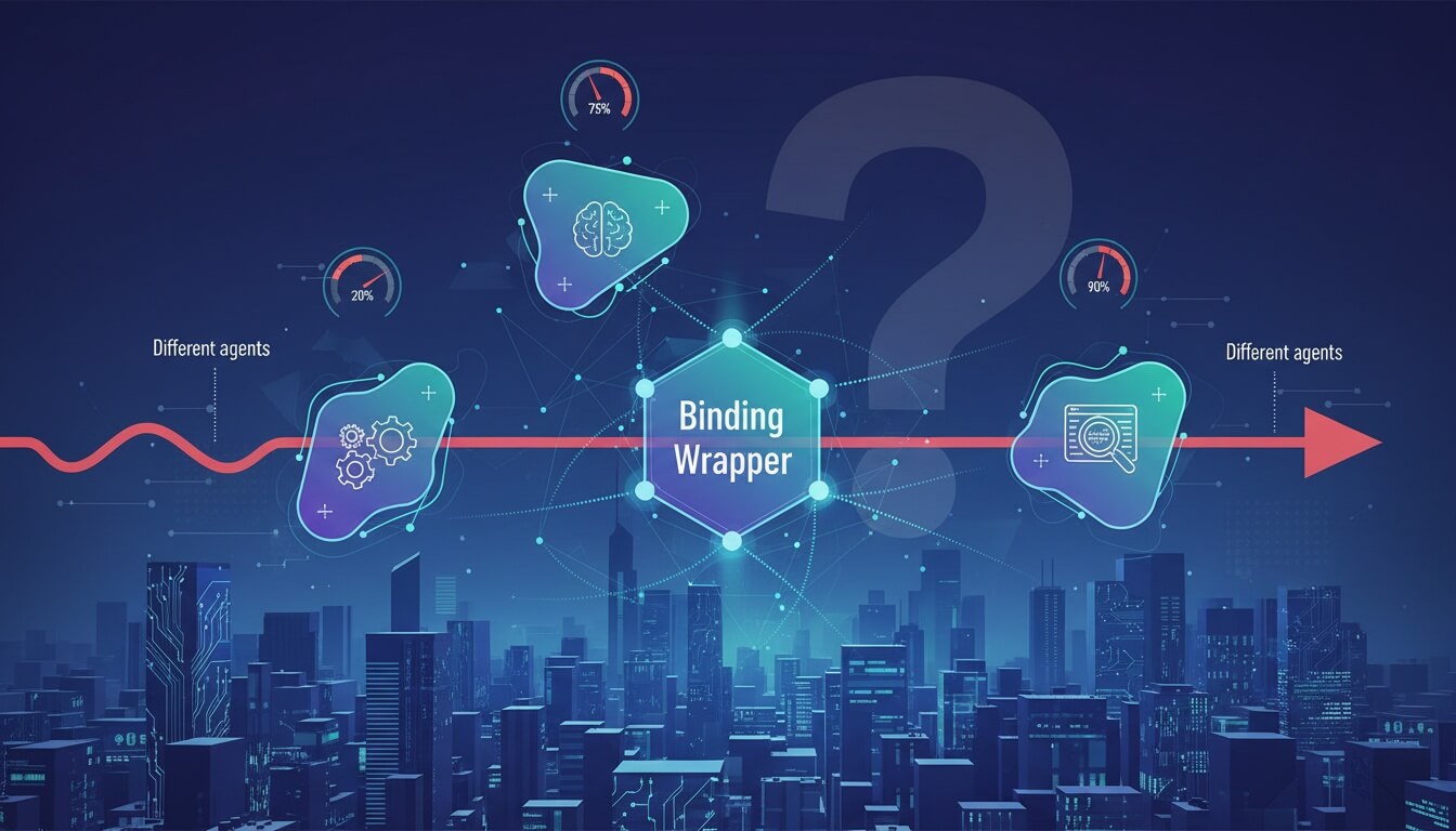 Схема с обвязкой Binding Wrapper в центре, соединённой с агентами, значками инструментов и индикаторами, на фоне ночного города