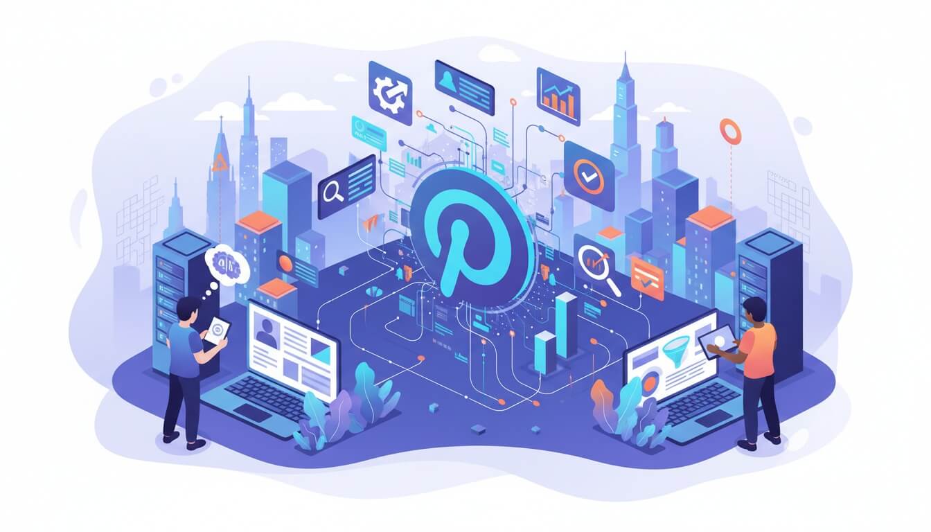 Векторная иллюстрация с логотипом Pinterest в центре, окружённым диаграммами, графиками и иконками аналитики; два человека работают за ноутбуками среди стилизованных зданий