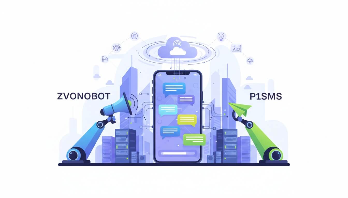 Роботизированные руки с рупором и бумажным самолётиком по бокам от смартфона с чатами на фоне города