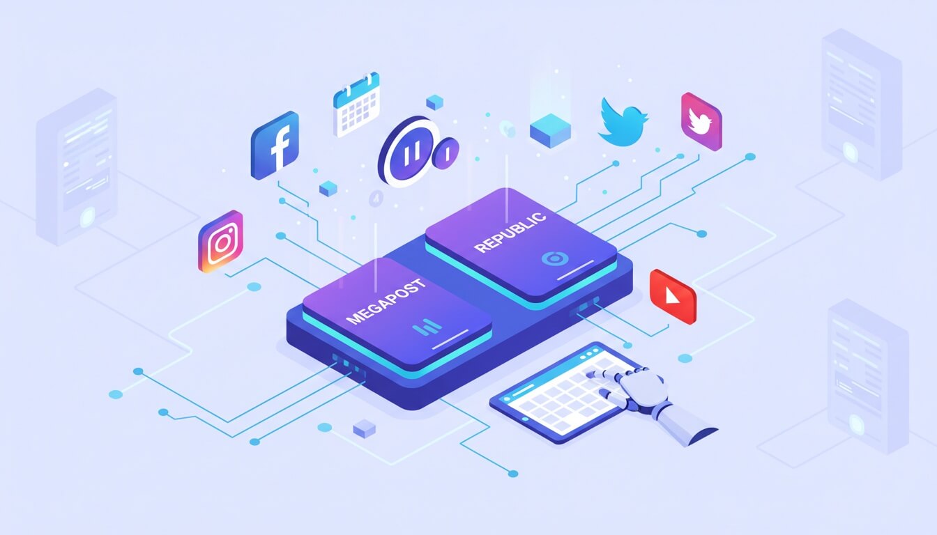 Две панели Megapost и RePublic со значками соцсетей, календарём и роборукой над смартфоном