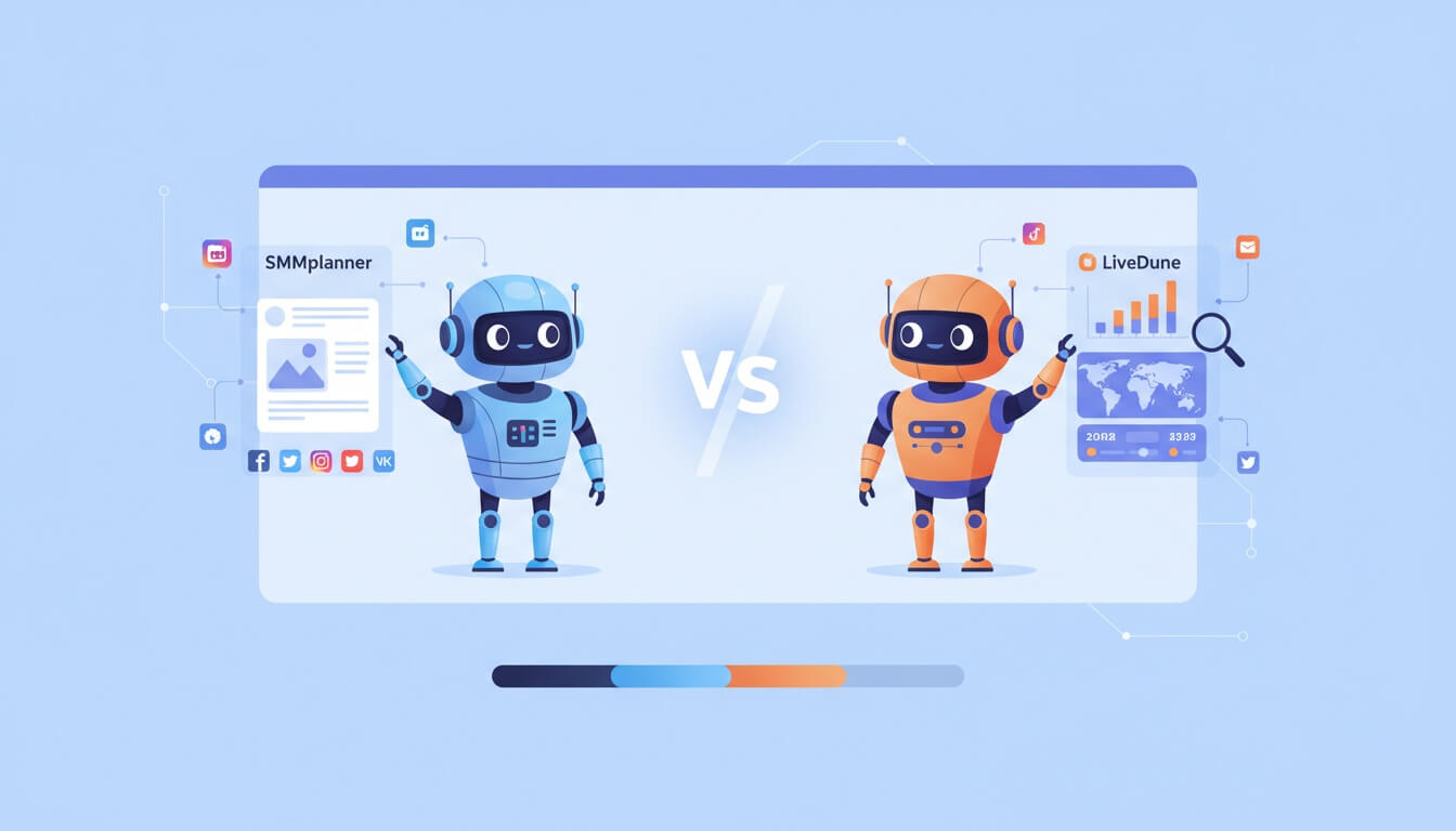 Два робота по обе стороны от надписи vs: слева синий с макетом публикации и иконками соцсетей, справа оранжевый с графиком и картой