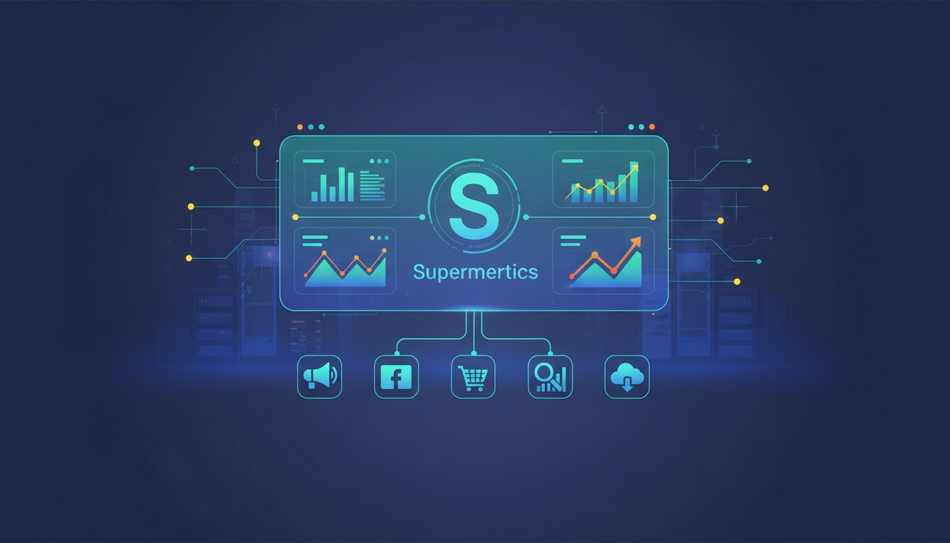 Векторная иллюстрация с логотипом Supermetrics, графиками аналитики и иконками соцсетей и рекламы