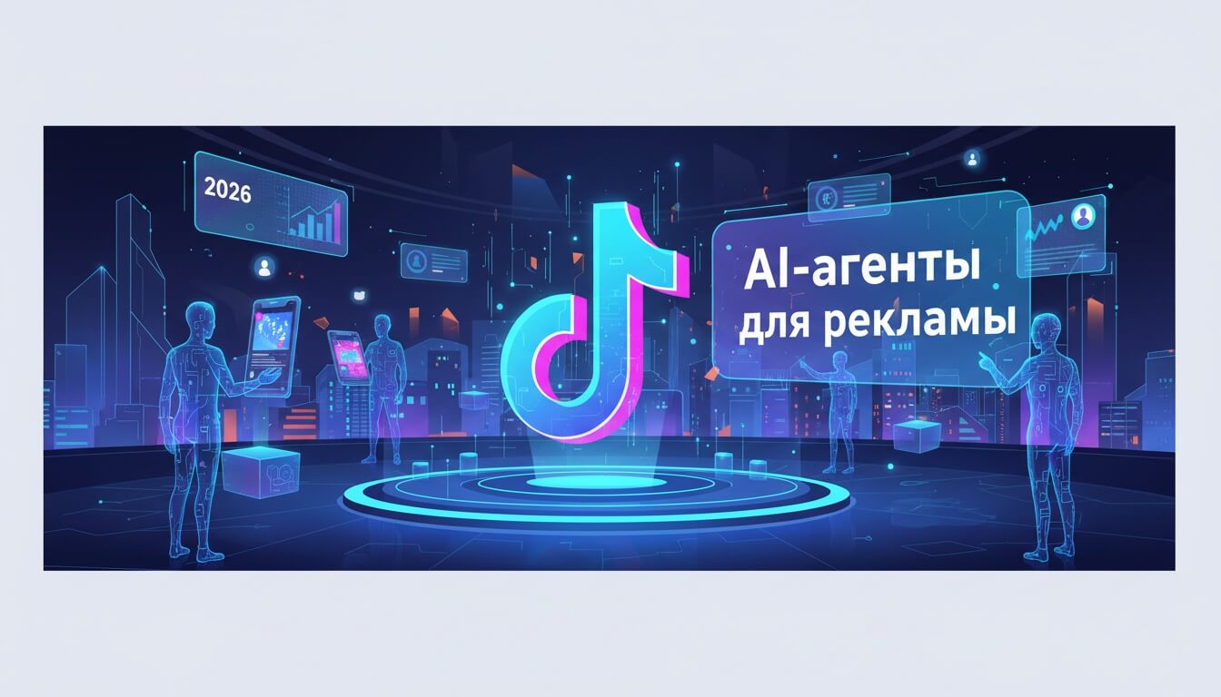 Неоновая эмблема TikTok над круглой платформой в футуристическом городе, полупрозрачные фигуры людей с планшетами и надпись AI-агенты для рекламы