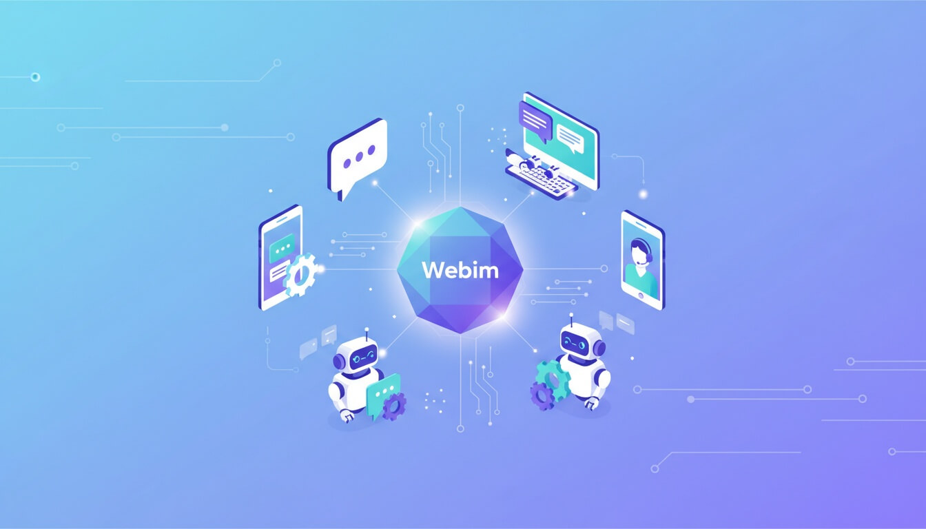 Векторная иллюстрация с логотипом Webim в центре, окружённым иконками мессенджеров, смартфона, ноутбука и двух чат-ботов